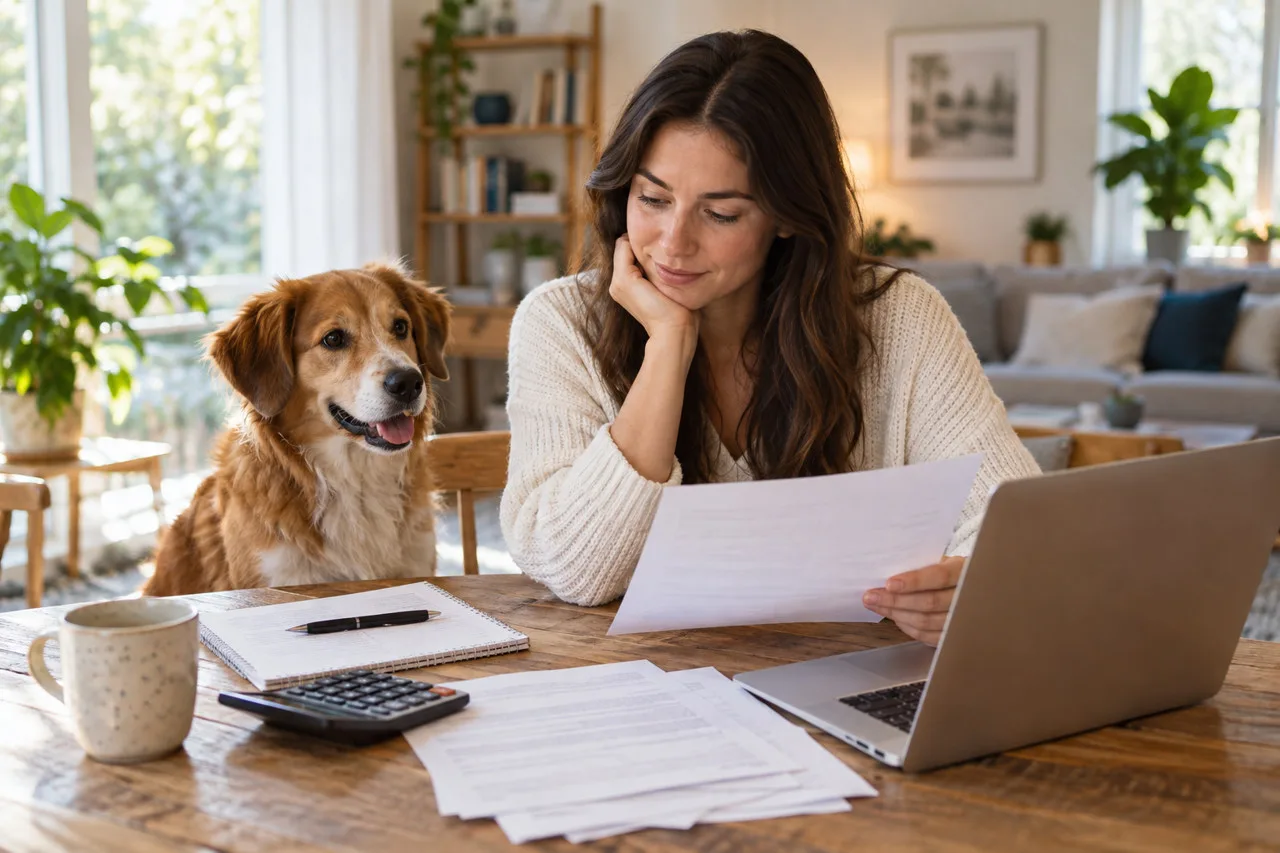 Owner reviewing paperwork beside a dog and laptop